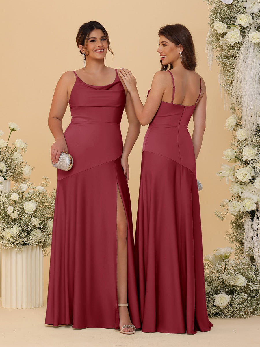 Sheath/Column Spaghetti Straps Cowl Neck Sleeveless Bridesmaid Dresses With Split Side