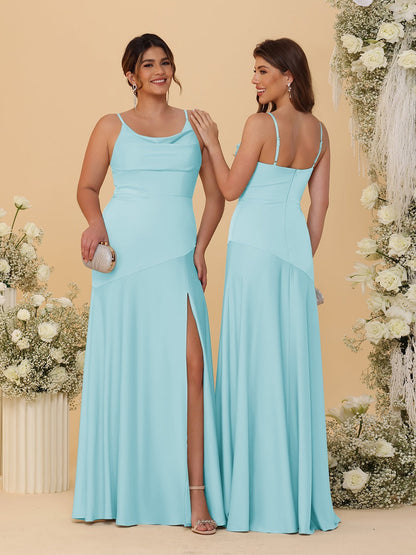 Sheath/Column Spaghetti Straps Cowl Neck Sleeveless Bridesmaid Dresses With Split Side