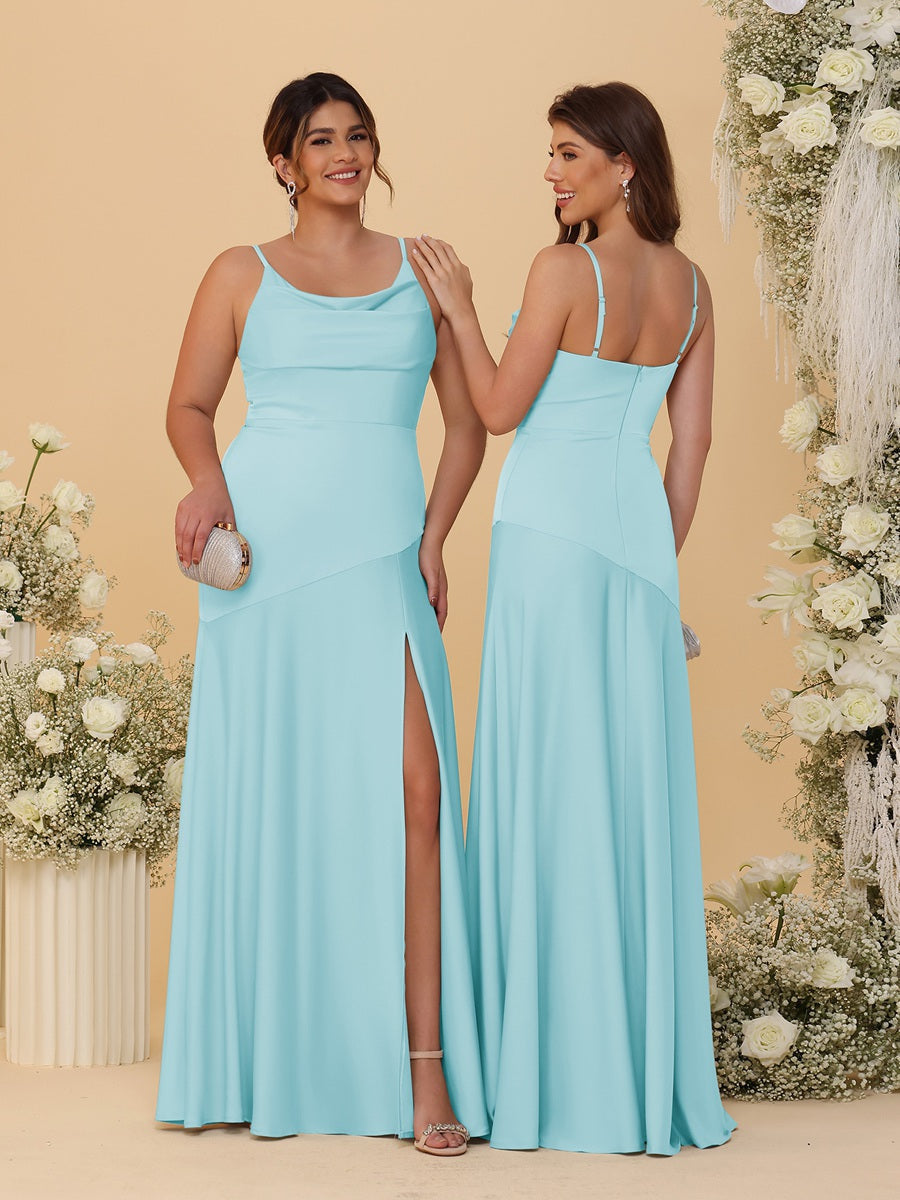 Sheath/Column Spaghetti Straps Cowl Neck Sleeveless Bridesmaid Dresses With Split Side