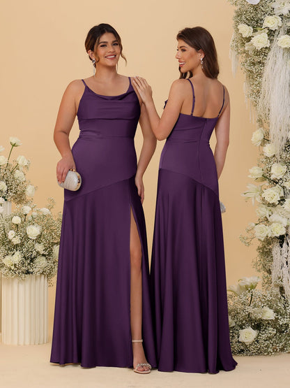 Sheath/Column Spaghetti Straps Cowl Neck Sleeveless Bridesmaid Dresses With Split Side