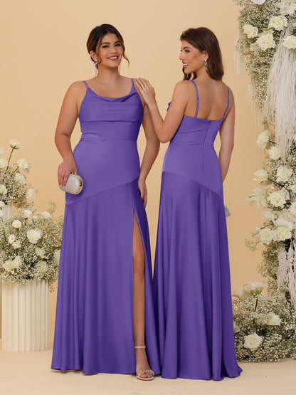 Sheath/Column Spaghetti Straps Cowl Neck Sleeveless Bridesmaid Dresses With Split Side