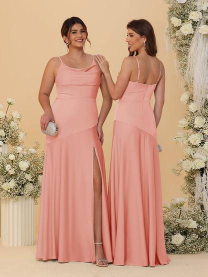 Sheath/Column Spaghetti Straps Cowl Neck Sleeveless Bridesmaid Dresses With Split Side