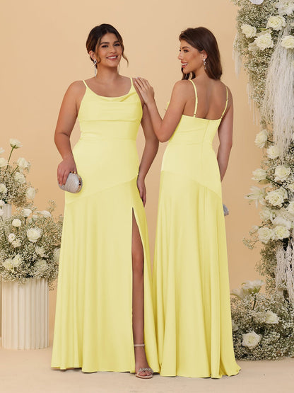 Sheath/Column Spaghetti Straps Cowl Neck Sleeveless Bridesmaid Dresses With Split Side