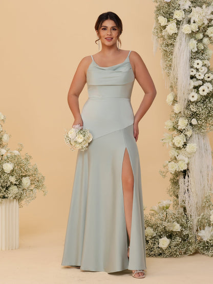 Sheath/Column Spaghetti Straps Cowl Neck Sleeveless Plus Size Bridesmaid Dresses With Split Side
