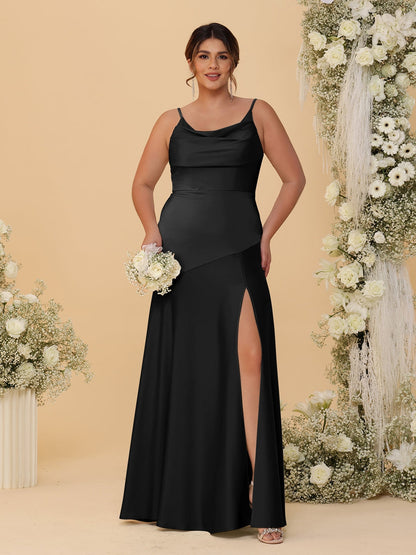 Sheath/Column Spaghetti Straps Cowl Neck Sleeveless Plus Size Bridesmaid Dresses With Split Side
