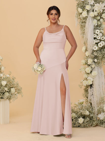 Sheath/Column Spaghetti Straps Cowl Neck Sleeveless Plus Size Bridesmaid Dresses With Split Side