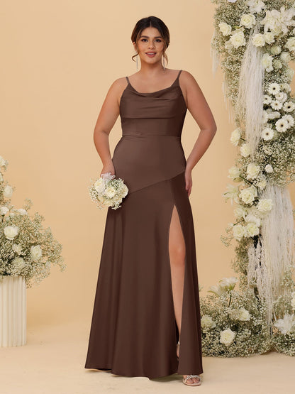 Sheath/Column Spaghetti Straps Cowl Neck Sleeveless Plus Size Bridesmaid Dresses With Split Side
