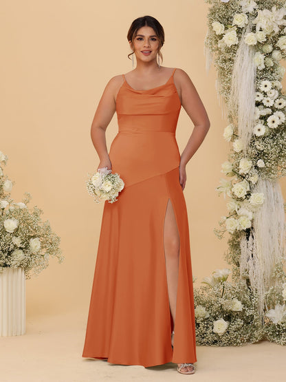 Sheath/Column Spaghetti Straps Cowl Neck Sleeveless Plus Size Bridesmaid Dresses With Split Side