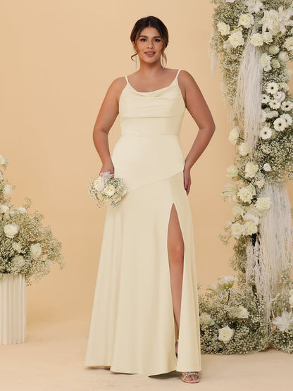 Sheath/Column Spaghetti Straps Cowl Neck Sleeveless Plus Size Bridesmaid Dresses With Split Side