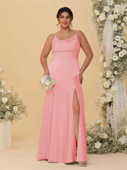 Sheath/Column Spaghetti Straps Cowl Neck Sleeveless Plus Size Bridesmaid Dresses With Split Side