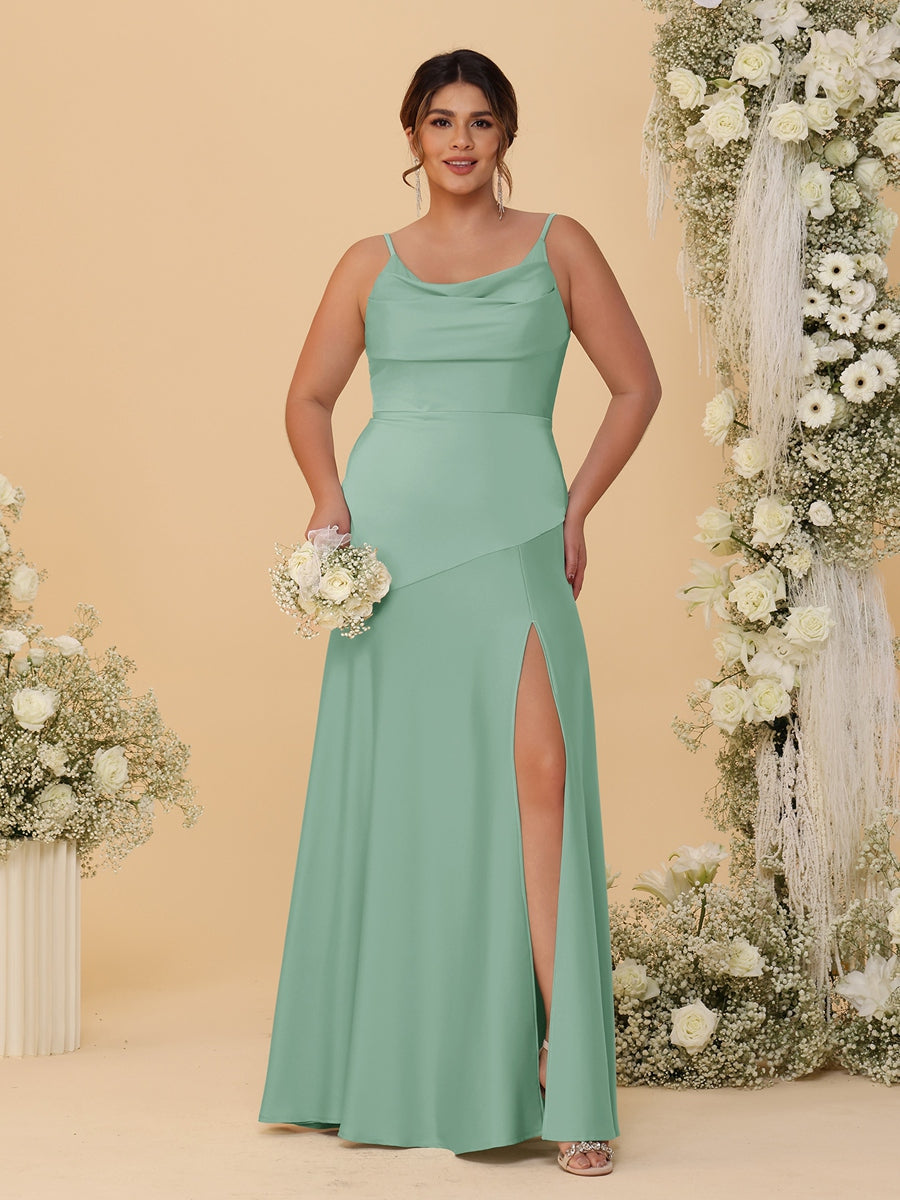 Sheath/Column Spaghetti Straps Cowl Neck Sleeveless Plus Size Bridesmaid Dresses With Split Side