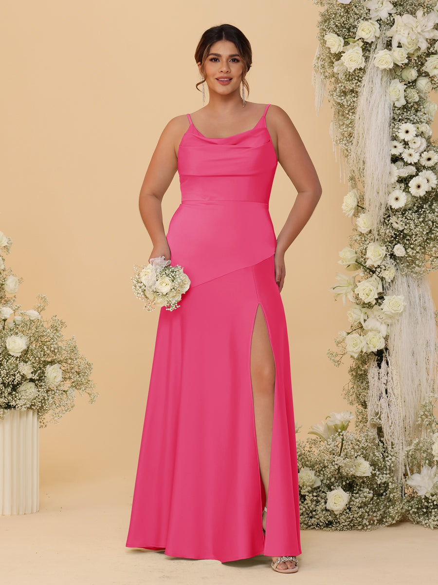 Sheath/Column Spaghetti Straps Cowl Neck Sleeveless Plus Size Bridesmaid Dresses With Split Side