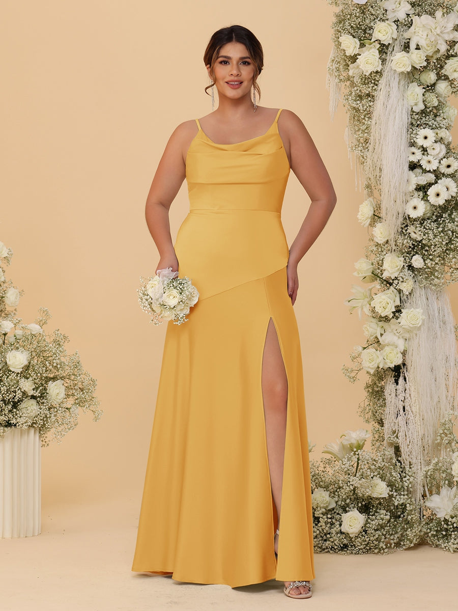 Sheath/Column Spaghetti Straps Cowl Neck Sleeveless Plus Size Bridesmaid Dresses With Split Side