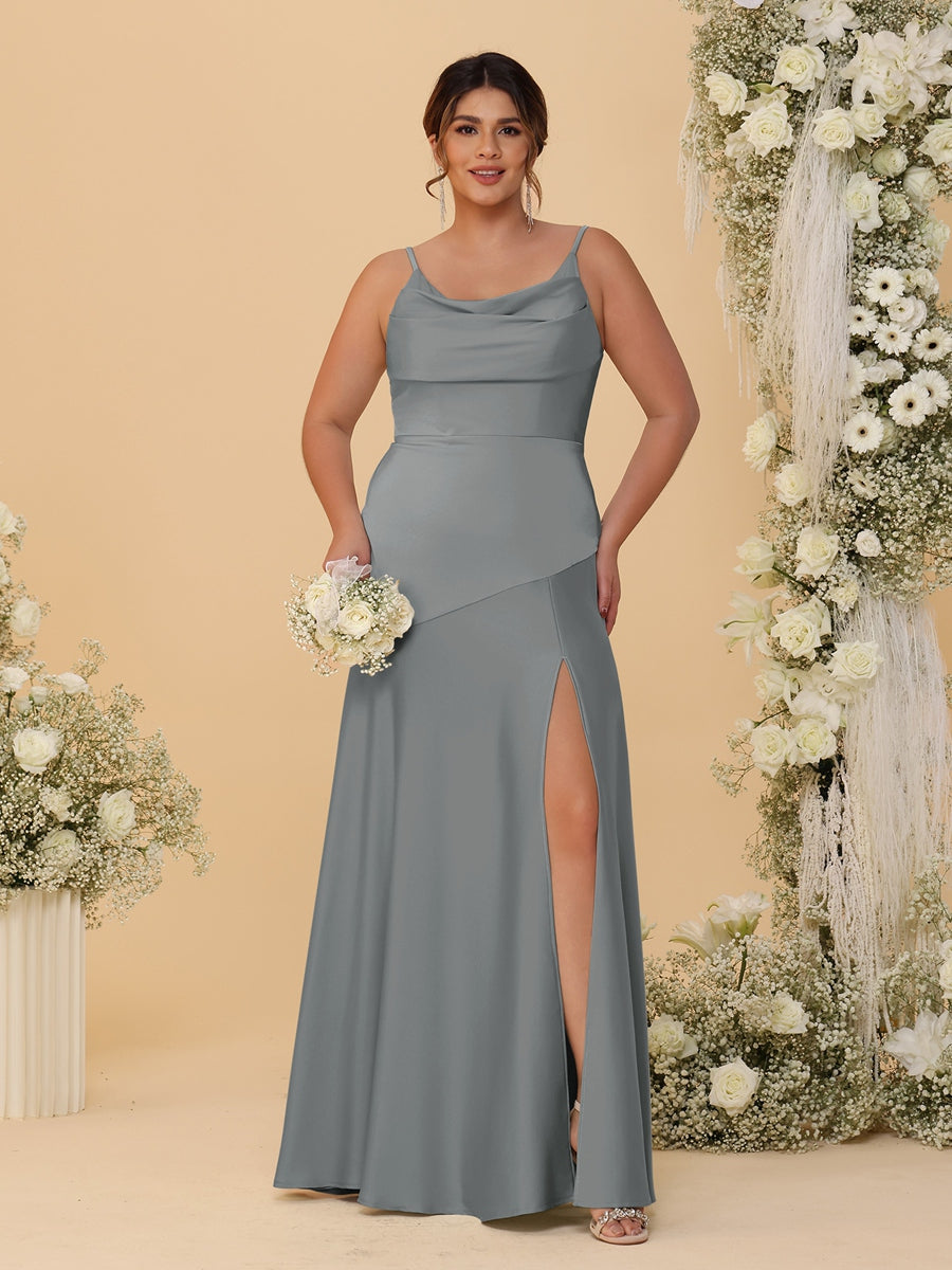 Sheath/Column Spaghetti Straps Cowl Neck Sleeveless Plus Size Bridesmaid Dresses With Split Side