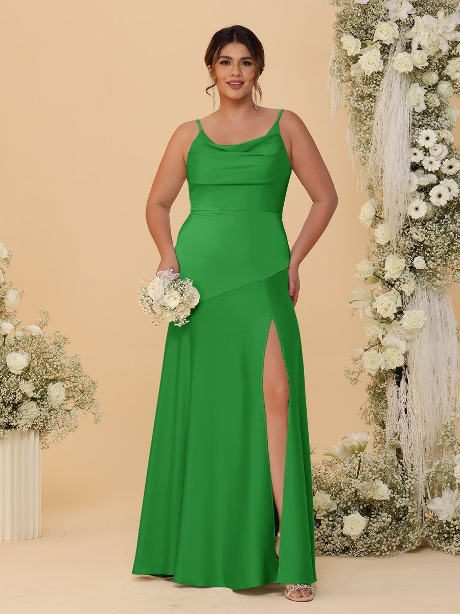 Sheath/Column Spaghetti Straps Cowl Neck Sleeveless Plus Size Bridesmaid Dresses With Split Side