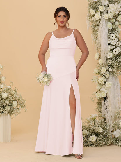 Sheath/Column Spaghetti Straps Cowl Neck Sleeveless Plus Size Bridesmaid Dresses With Split Side