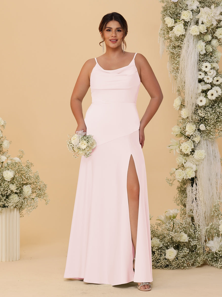 Sheath/Column Spaghetti Straps Cowl Neck Sleeveless Plus Size Bridesmaid Dresses With Split Side