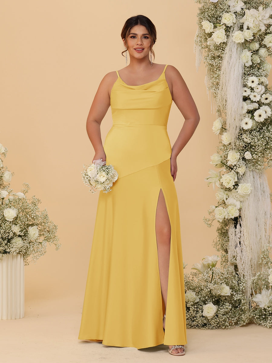 Sheath/Column Spaghetti Straps Cowl Neck Sleeveless Plus Size Bridesmaid Dresses With Split Side