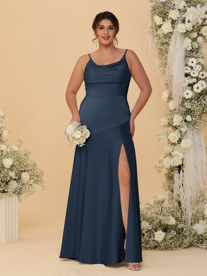 Sheath/Column Spaghetti Straps Cowl Neck Sleeveless Plus Size Bridesmaid Dresses With Split Side