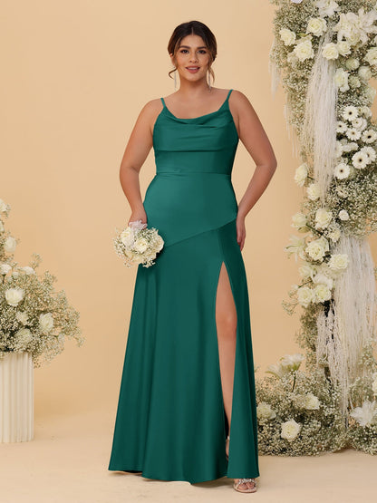 Sheath/Column Spaghetti Straps Cowl Neck Sleeveless Plus Size Bridesmaid Dresses With Split Side