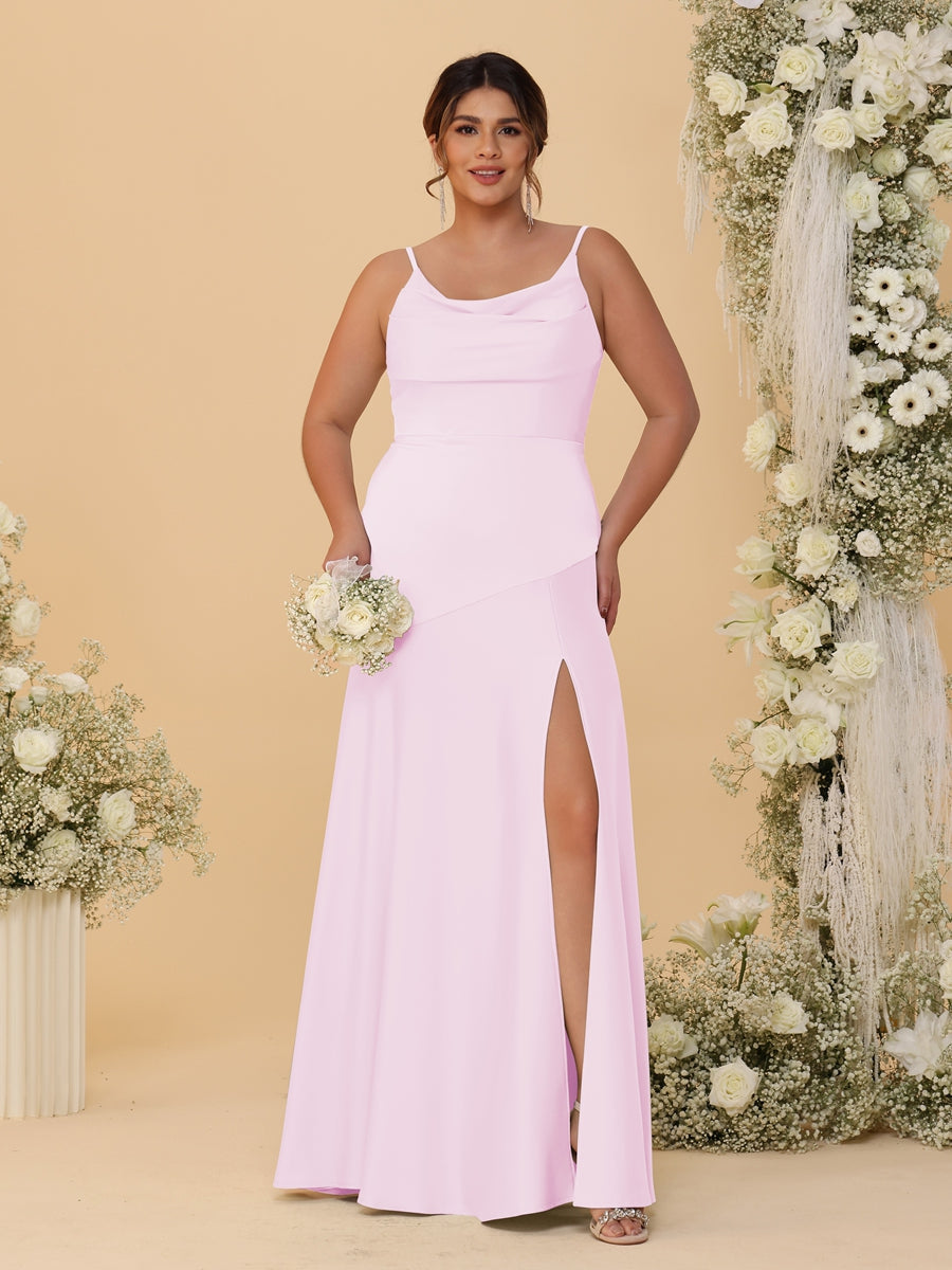 Sheath/Column Spaghetti Straps Cowl Neck Sleeveless Plus Size Bridesmaid Dresses With Split Side