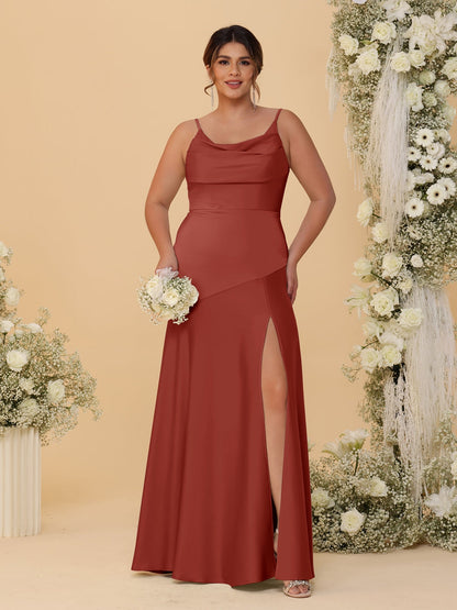 Sheath/Column Spaghetti Straps Cowl Neck Sleeveless Plus Size Bridesmaid Dresses With Split Side