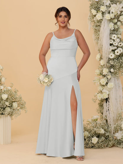 Sheath/Column Spaghetti Straps Cowl Neck Sleeveless Plus Size Bridesmaid Dresses With Split Side