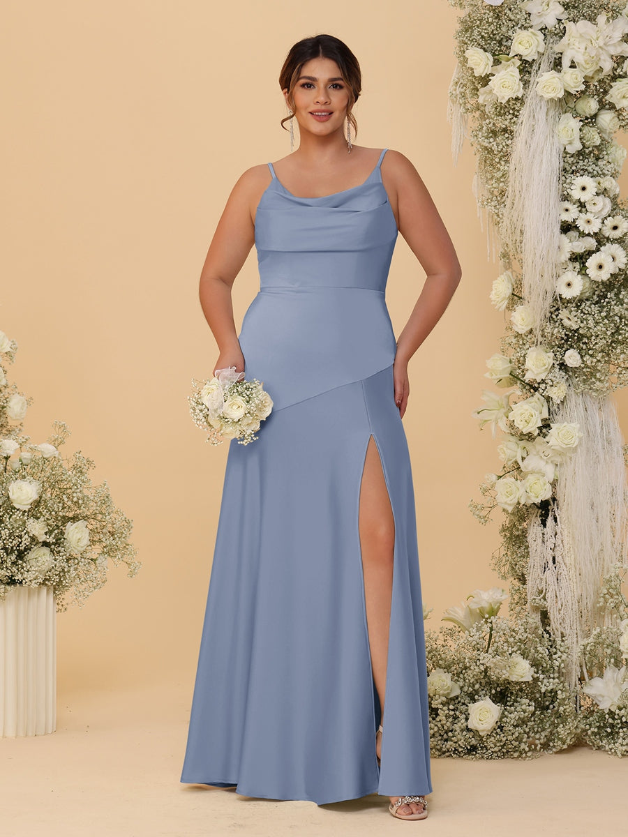 Sheath/Column Spaghetti Straps Cowl Neck Sleeveless Plus Size Bridesmaid Dresses With Split Side