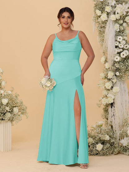 Sheath/Column Spaghetti Straps Cowl Neck Sleeveless Plus Size Bridesmaid Dresses With Split Side