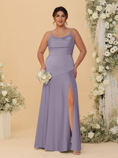 Sheath/Column Spaghetti Straps Cowl Neck Sleeveless Plus Size Bridesmaid Dresses With Split Side