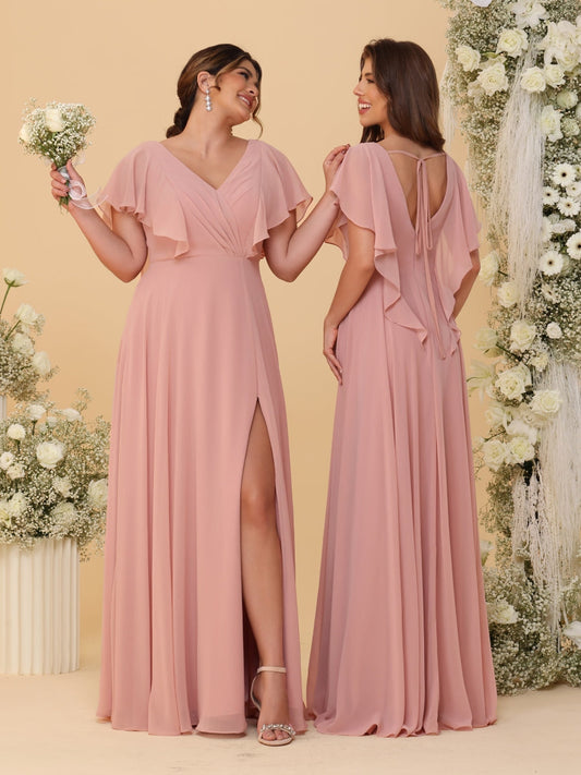 A-Line/Princess V-Neck Short Sleeves Floor-Length Ruched Bridesmaid Dresses With Side Slit