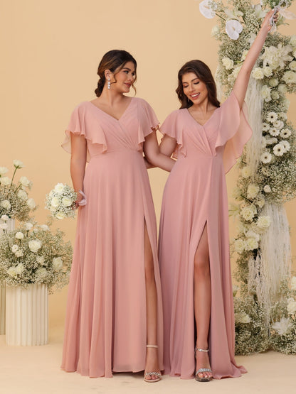 A-Line/Princess V-Neck Short Sleeves Floor-Length Ruched Bridesmaid Dresses With Side Slit
