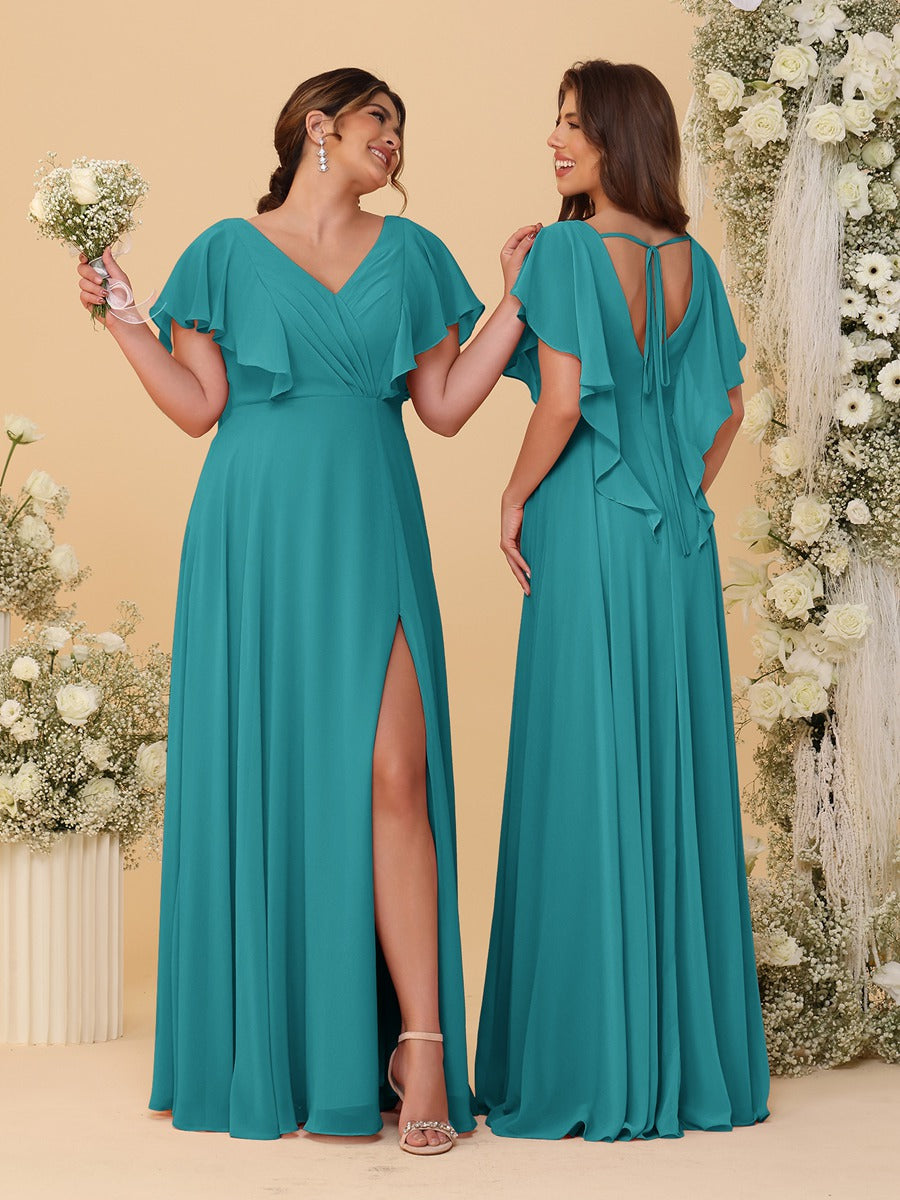 A-Line/Princess V-Neck Short Sleeves Floor-Length Ruched Bridesmaid Dresses With Side Slit