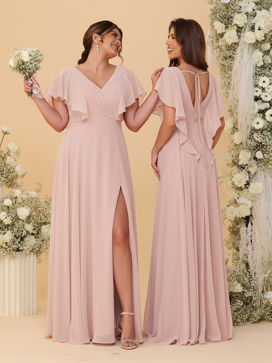 A-Line/Princess V-Neck Short Sleeves Floor-Length Ruched Bridesmaid Dresses With Side Slit