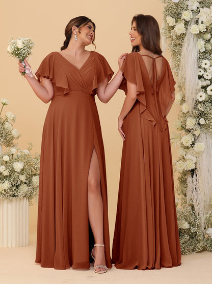 A-Line/Princess V-Neck Short Sleeves Floor-Length Ruched Bridesmaid Dresses With Side Slit