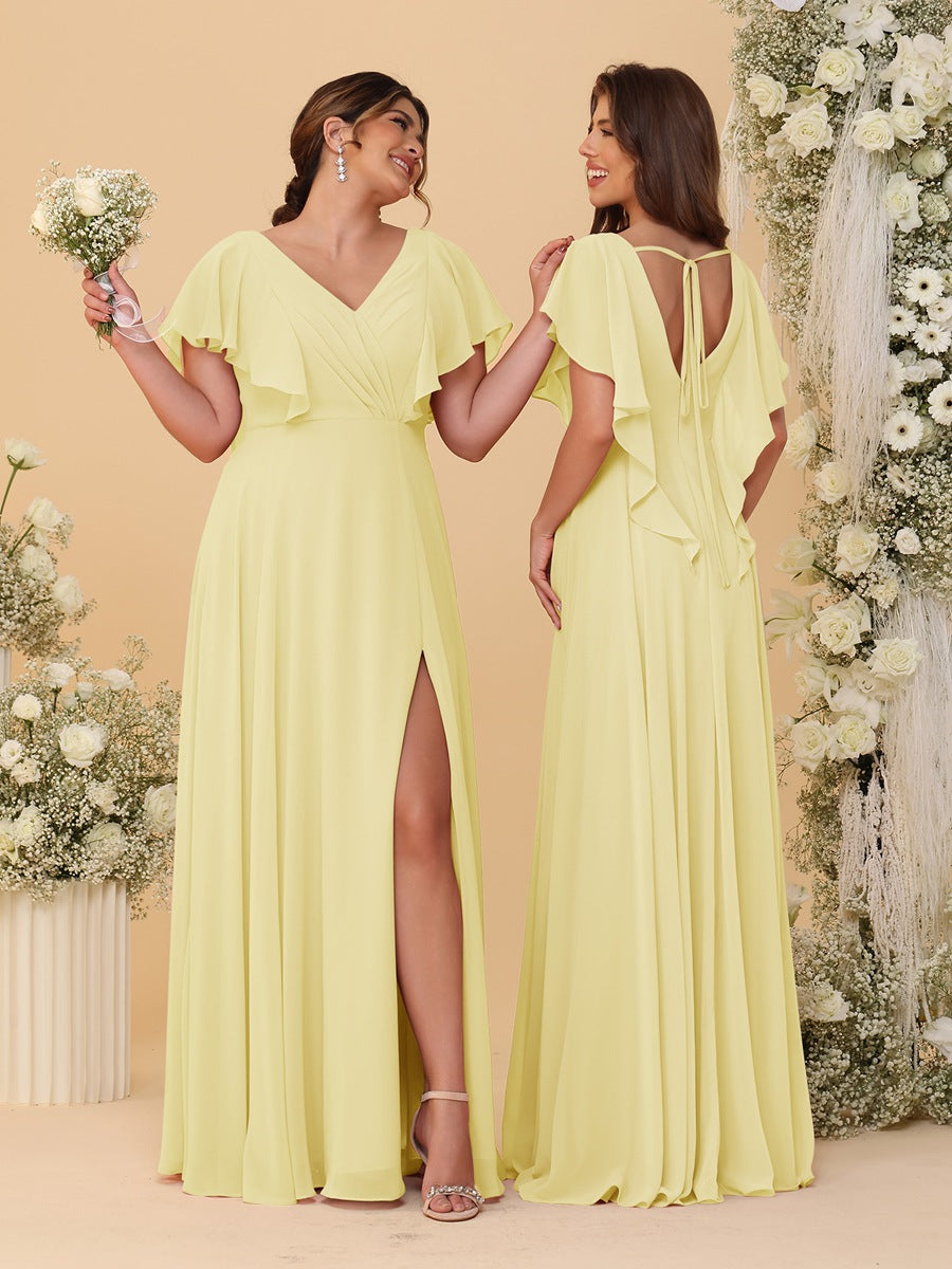 A-Line/Princess V-Neck Short Sleeves Floor-Length Ruched Bridesmaid Dresses With Side Slit
