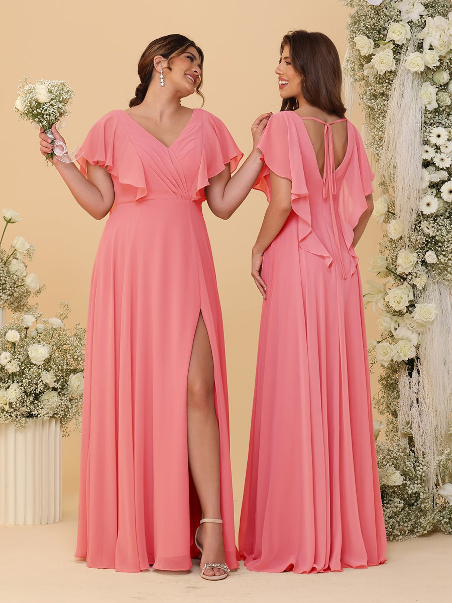 A-Line/Princess V-Neck Short Sleeves Floor-Length Ruched Bridesmaid Dresses With Side Slit