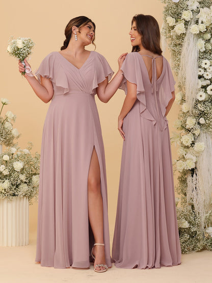 A-Line/Princess V-Neck Short Sleeves Floor-Length Ruched Bridesmaid Dresses With Side Slit