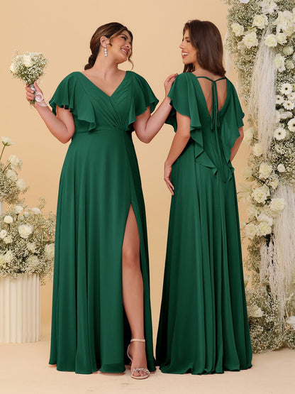 A-Line/Princess V-Neck Short Sleeves Floor-Length Ruched Bridesmaid Dresses With Side Slit