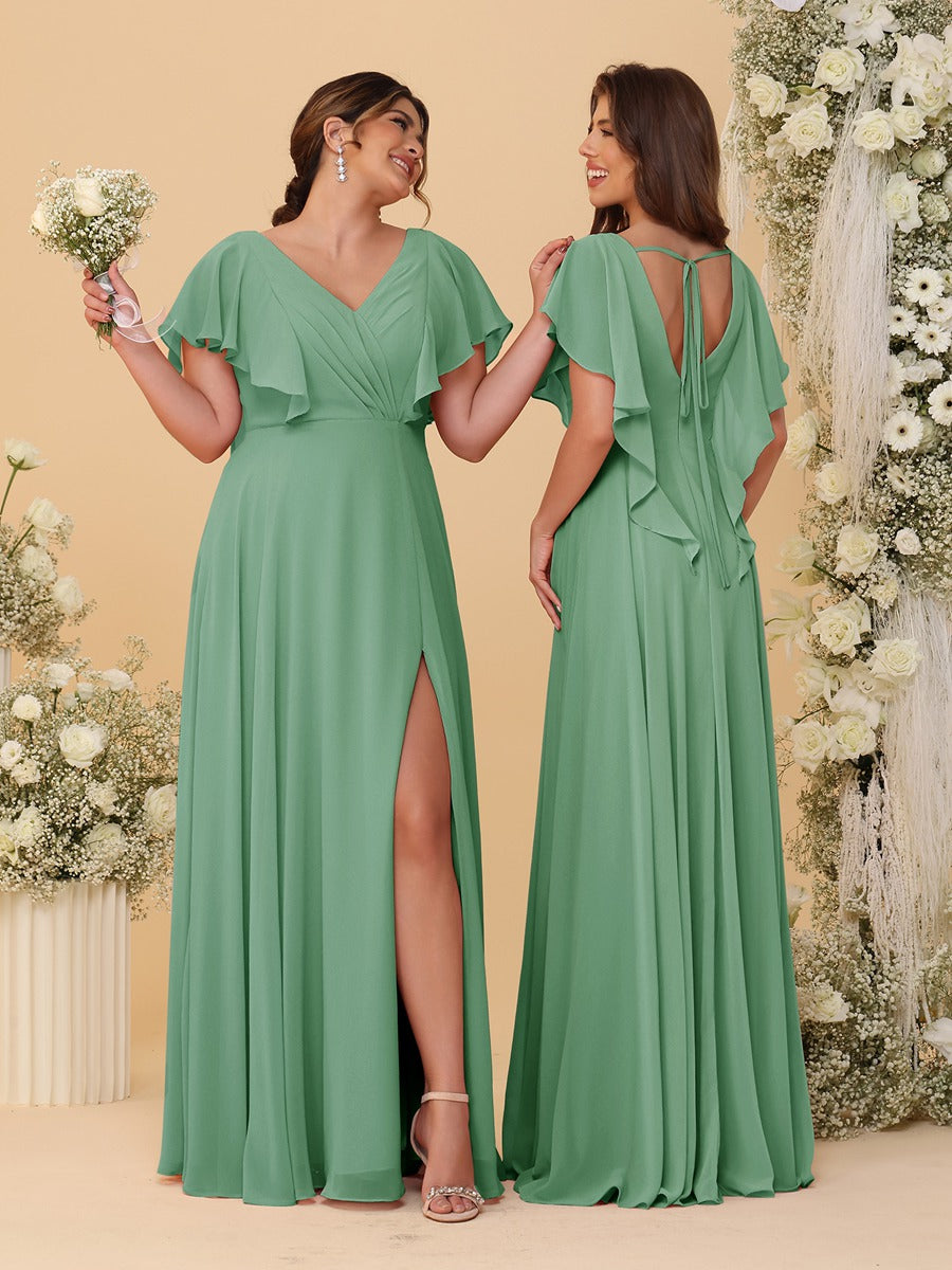 A-Line/Princess V-Neck Short Sleeves Floor-Length Ruched Bridesmaid Dresses With Side Slit