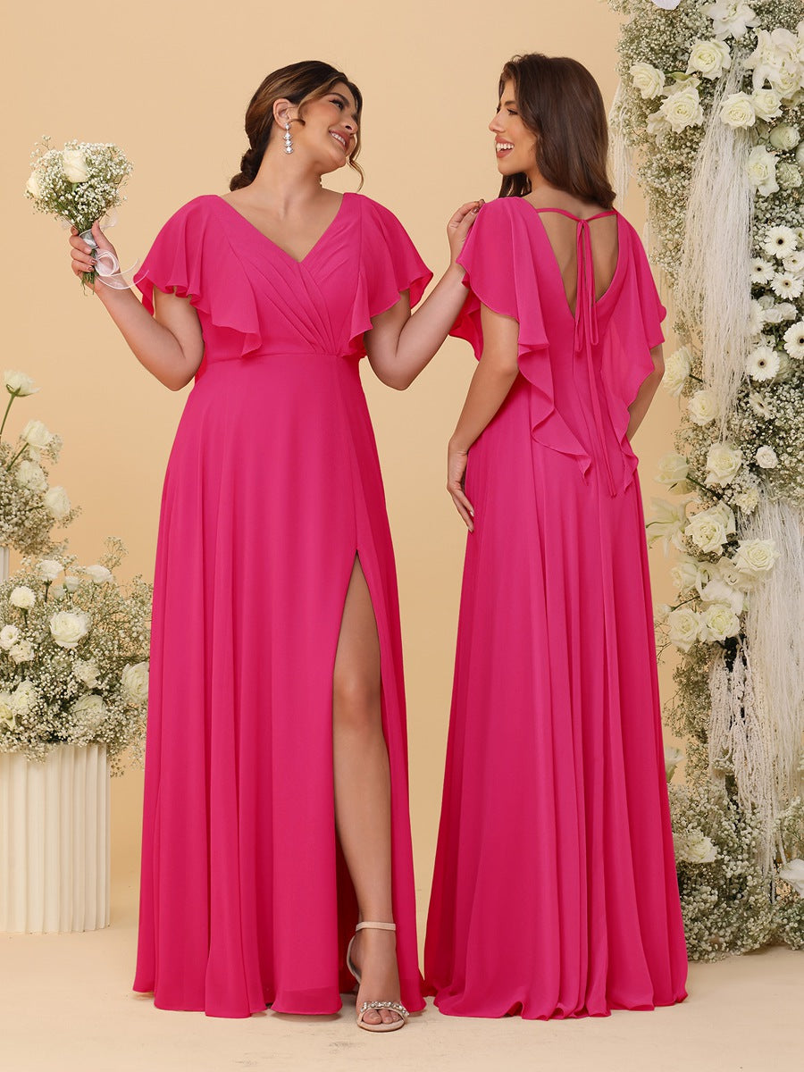 A-Line/Princess V-Neck Short Sleeves Floor-Length Ruched Bridesmaid Dresses With Side Slit