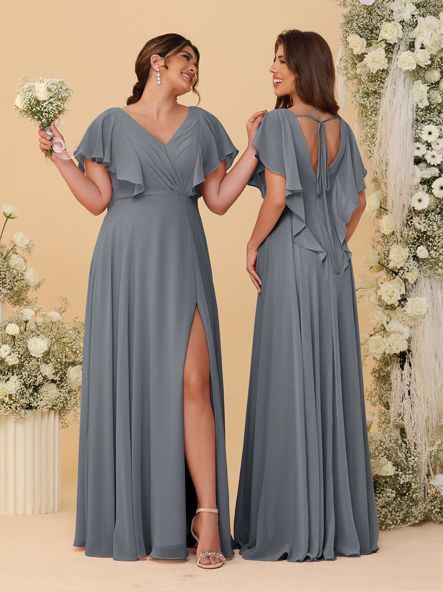 A-Line/Princess V-Neck Short Sleeves Floor-Length Ruched Bridesmaid Dresses With Side Slit