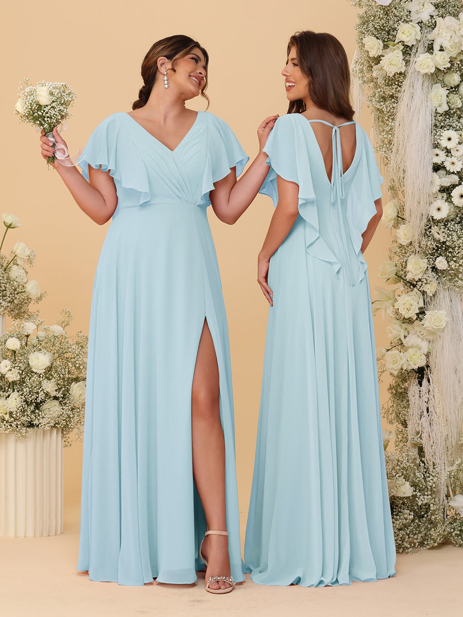 A-Line/Princess V-Neck Short Sleeves Floor-Length Ruched Bridesmaid Dresses With Side Slit