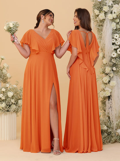 A-Line/Princess V-Neck Short Sleeves Floor-Length Ruched Bridesmaid Dresses With Side Slit