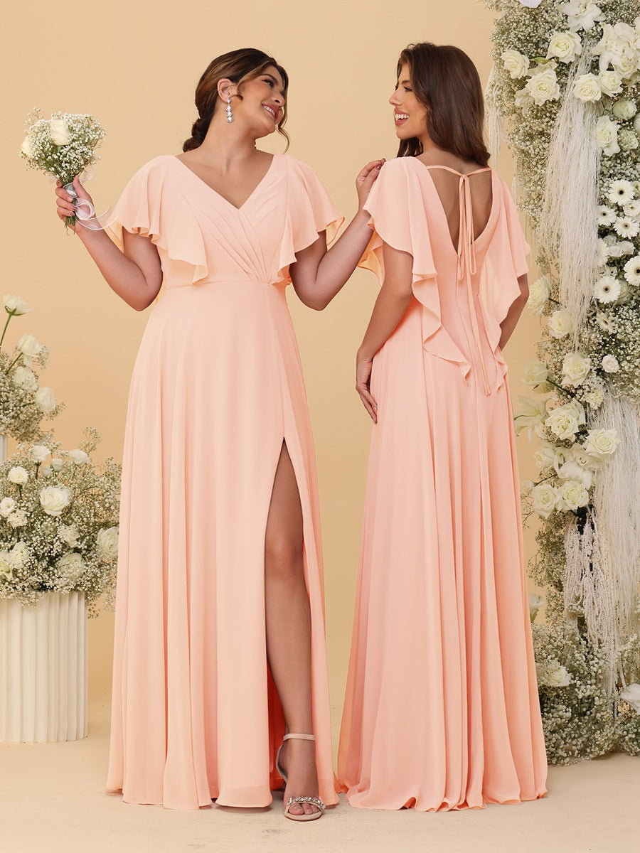 A-Line/Princess V-Neck Short Sleeves Floor-Length Ruched Bridesmaid Dresses With Side Slit