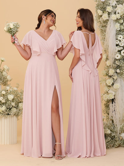 A-Line/Princess V-Neck Short Sleeves Floor-Length Ruched Bridesmaid Dresses With Side Slit