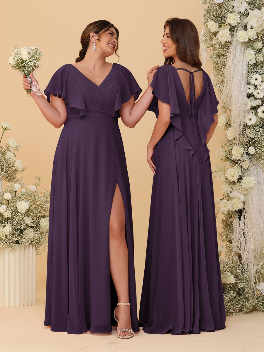 A-Line/Princess V-Neck Short Sleeves Floor-Length Ruched Bridesmaid Dresses With Side Slit