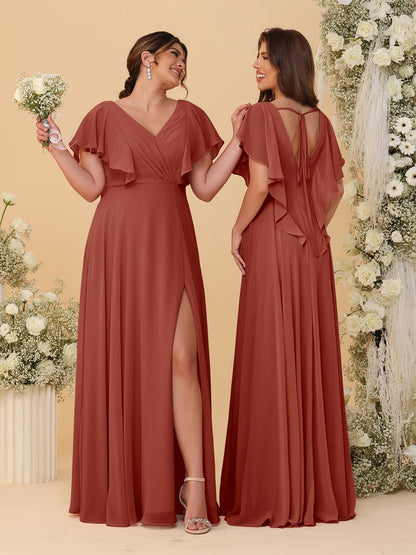A-Line/Princess V-Neck Short Sleeves Floor-Length Ruched Bridesmaid Dresses With Side Slit