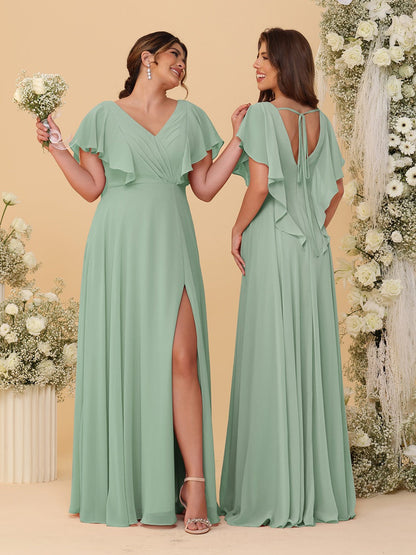 A-Line/Princess V-Neck Short Sleeves Floor-Length Ruched Bridesmaid Dresses With Side Slit