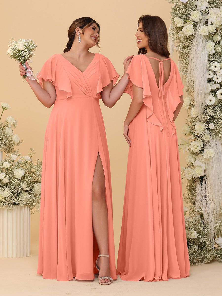A-Line/Princess V-Neck Short Sleeves Floor-Length Ruched Bridesmaid Dresses With Side Slit